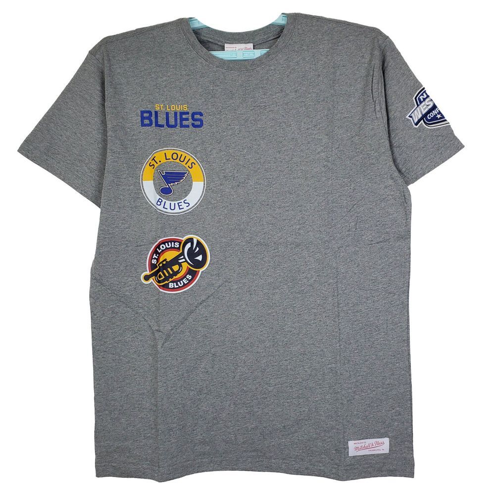 St. Louis Blues Mitchell & Ness NHL L Large Shirt Multi-Logos Heather Gray NWT
